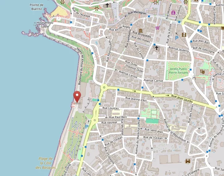 Plan d'accès à la plage de la Côte des Basques et à la Place des Tontons Surfeurs, à Biarritz